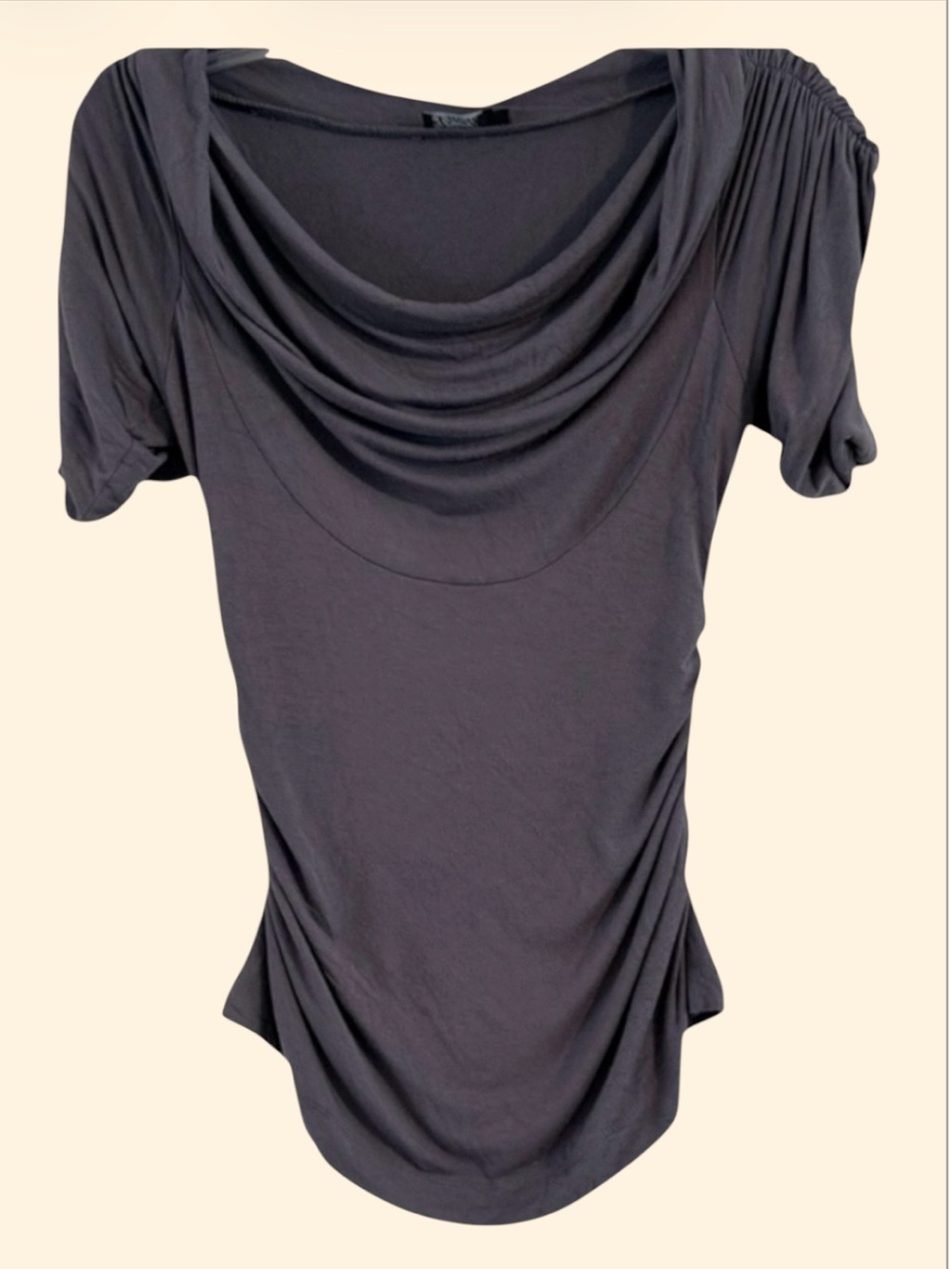 Ariella Charcoal Gray Draped Cowl Neck Ruched Short Sleeve Tee M